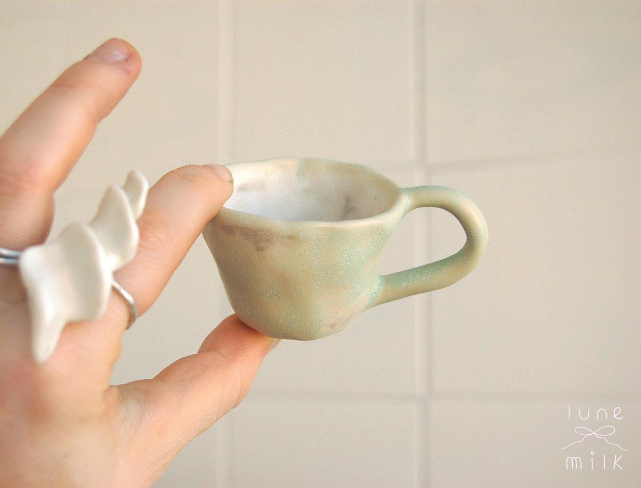 Coffee cup cappuccino organic natural stoneware cream pastel green, handmade wheel thrown with matte milky glaze