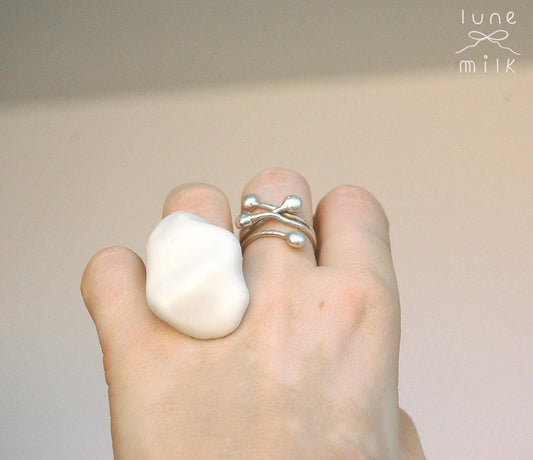 Limoges porcelain white satin milky organic ring, chunky irregular handmade shape