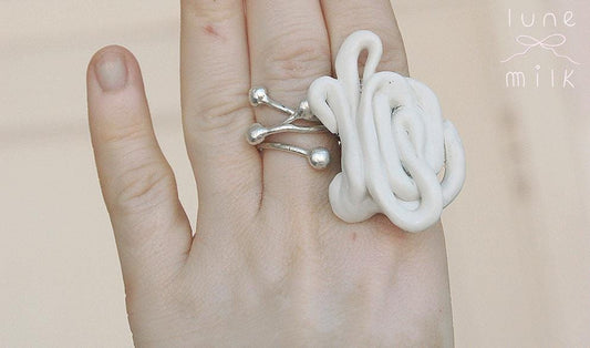 Limoges porcelain white satin milky organic ribbon ring, chunky irregular handmade shape