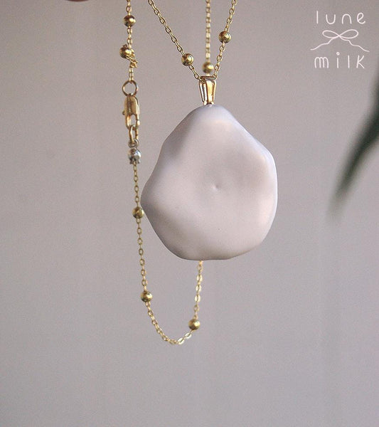 Limoges porcelain white satin milky organic irregular stone shape necklace, chunky handmade porcelain ceramic