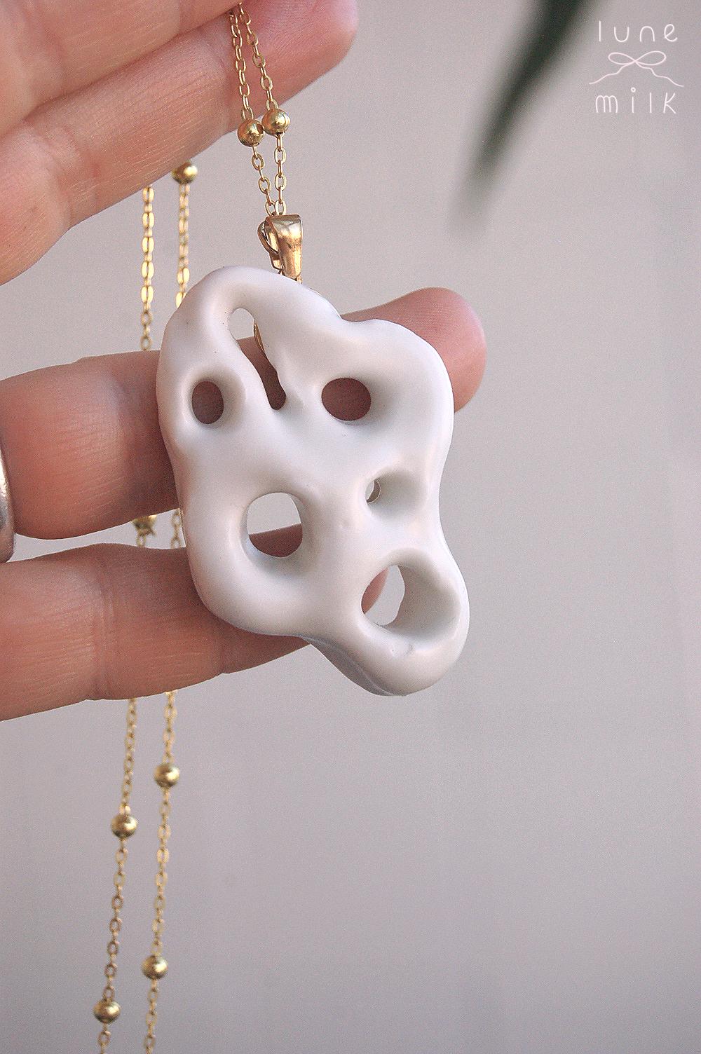 Limoges porcelain white satin milky organic irregular stone holes shape necklace, chunky handmade porcelain ceramic