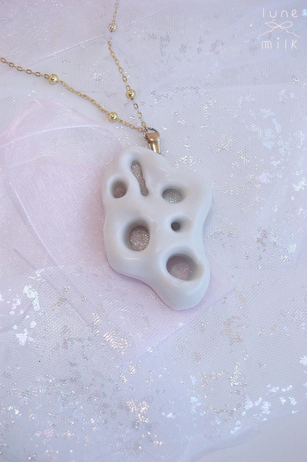 Limoges porcelain white satin milky organic irregular stone holes shape necklace, chunky handmade porcelain ceramic