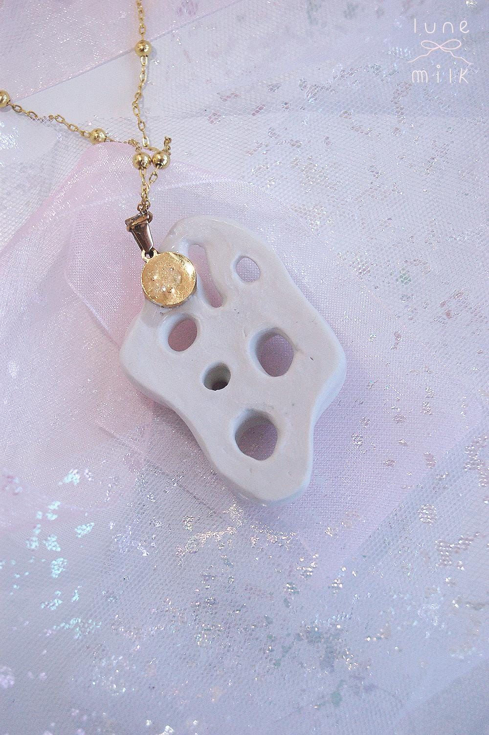 Limoges porcelain white satin milky organic irregular stone holes shape necklace, chunky handmade porcelain ceramic