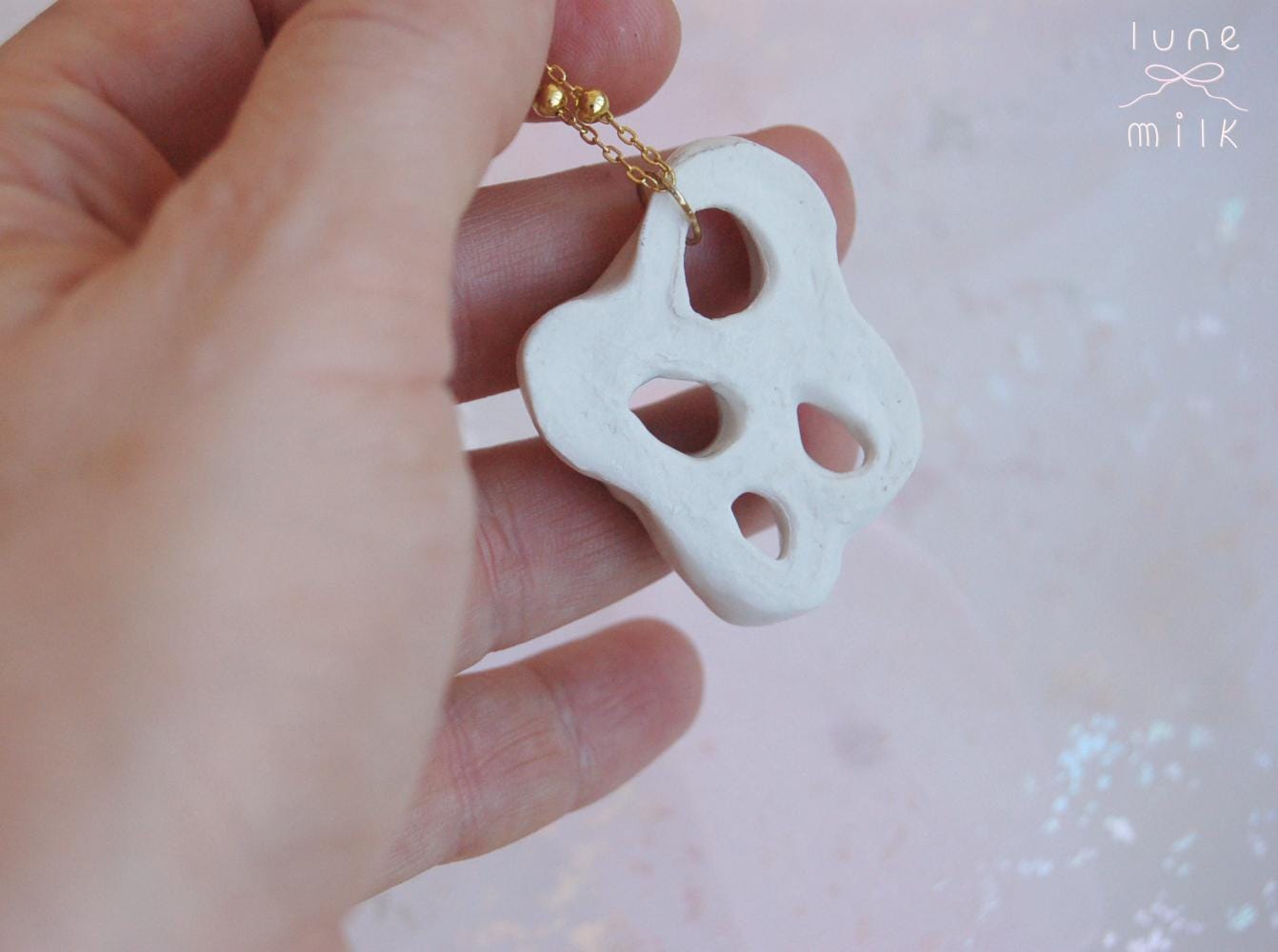 Limoges porcelain white satin milky organic irregular stone holes shape necklace, chunky handmade porcelain ceramic