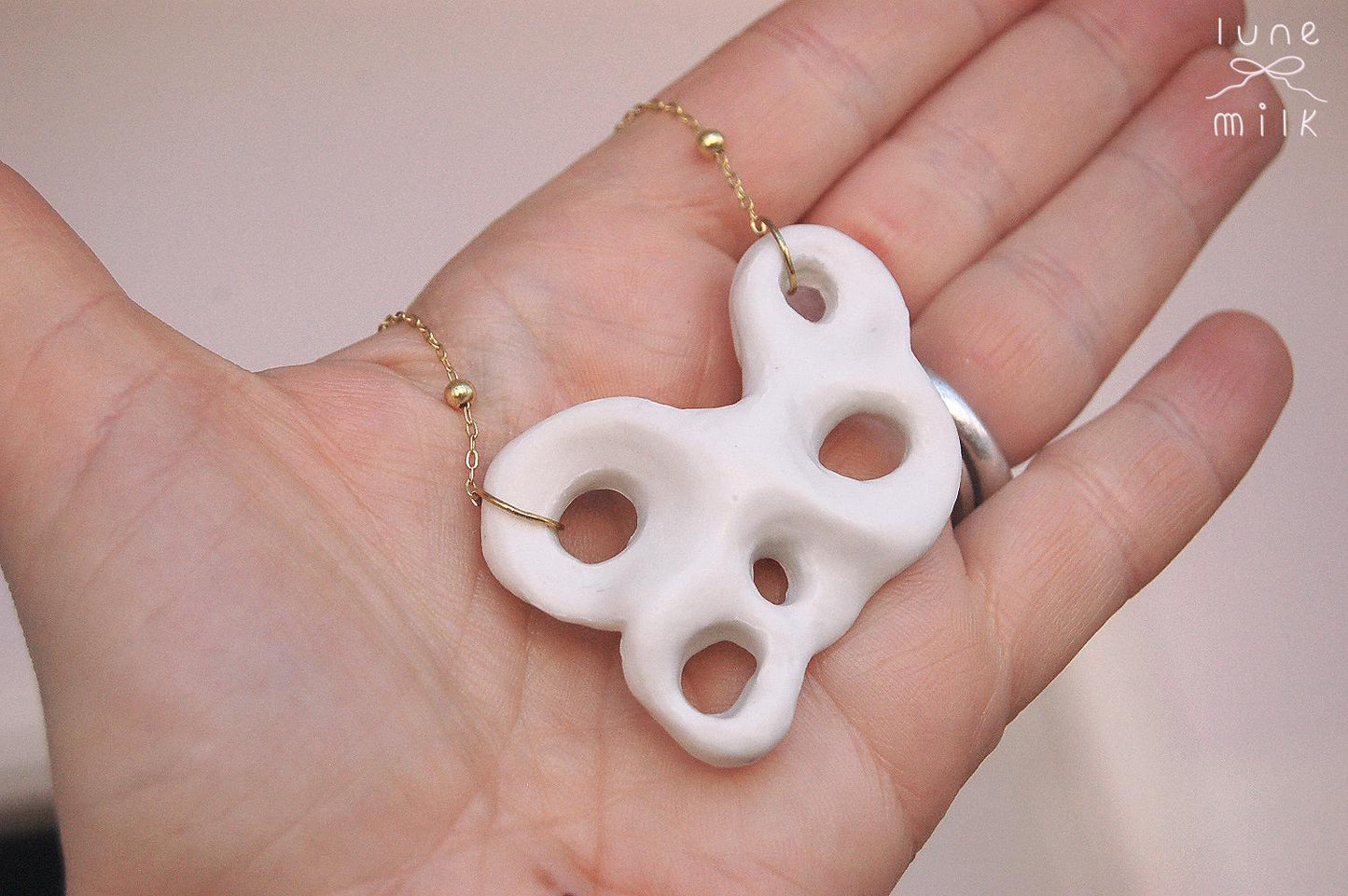 Limoges porcelain white satin milky organic irregular stone holes shape necklace, chunky handmade porcelain ceramic