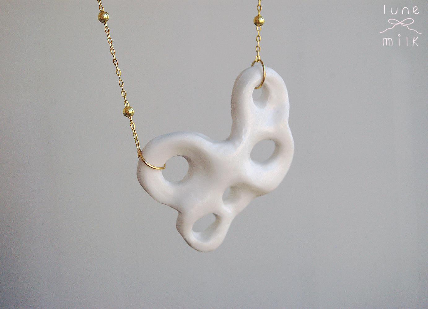 Limoges porcelain white satin milky organic irregular stone holes shape necklace, chunky handmade porcelain ceramic