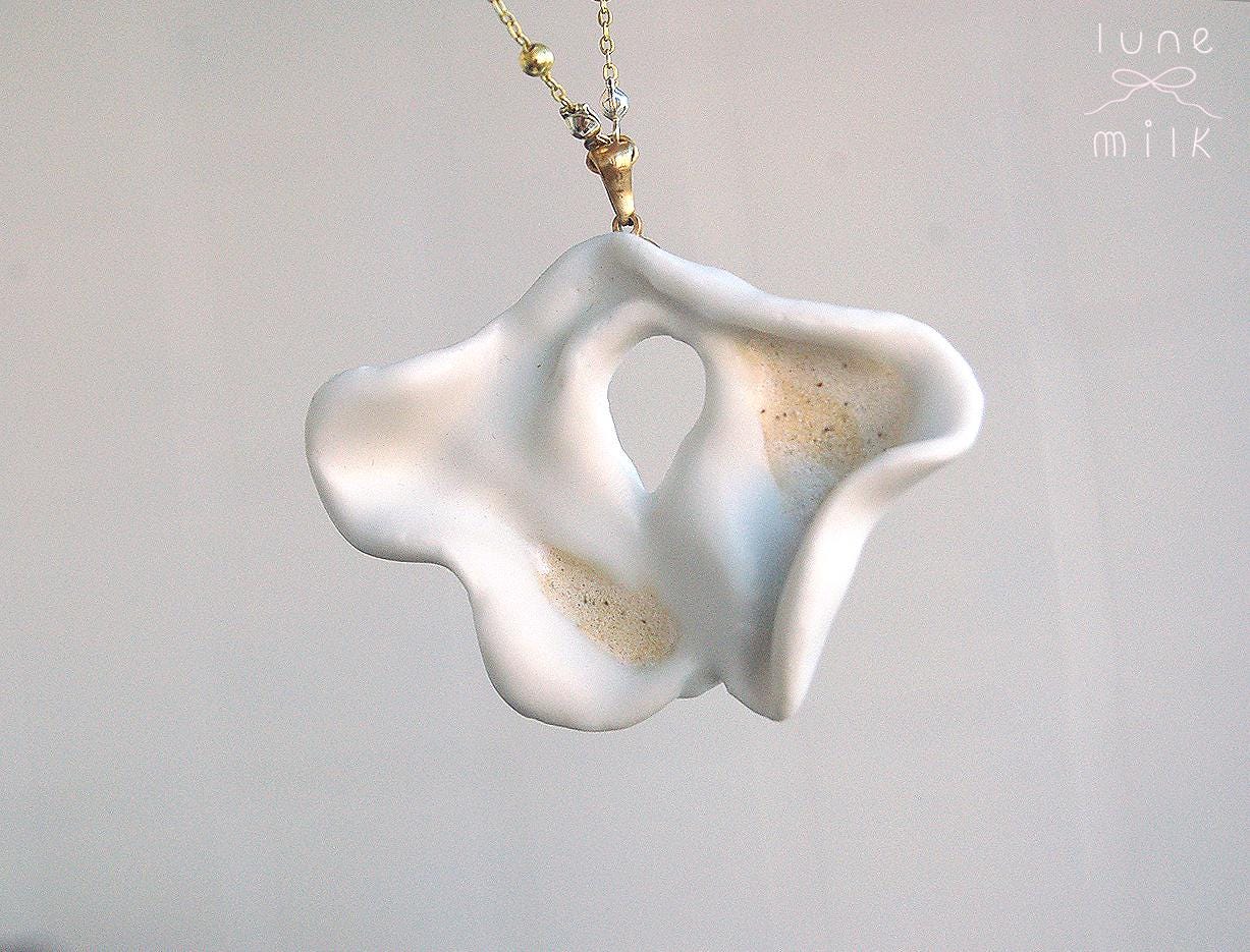 Limoges porcelain white satin milky organic irregular stone holes shape necklace, chunky handmade porcelain ceramic