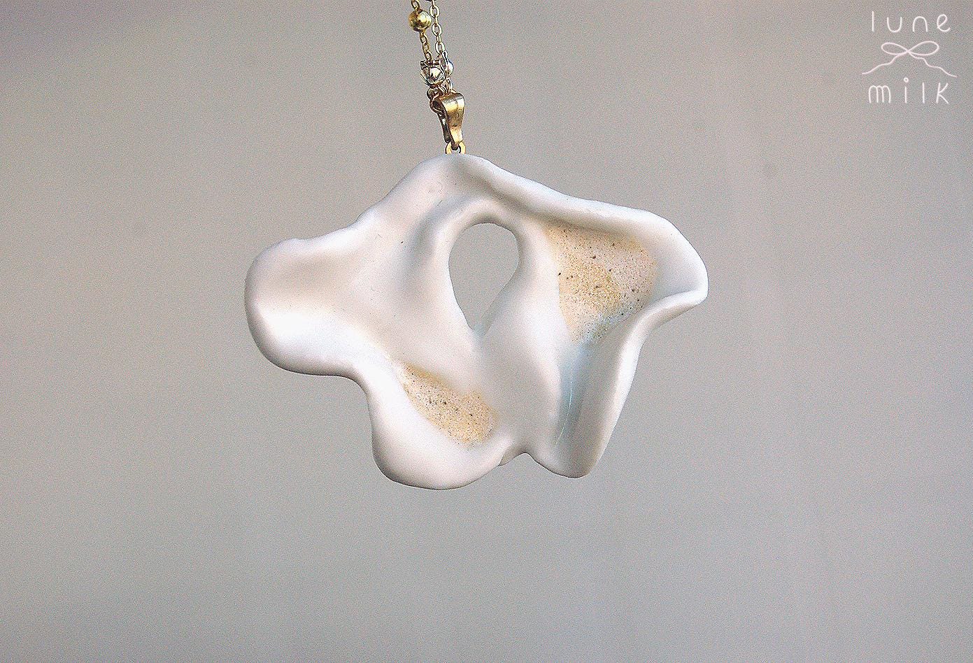 Limoges porcelain white satin milky organic irregular stone holes shape necklace, chunky handmade porcelain ceramic