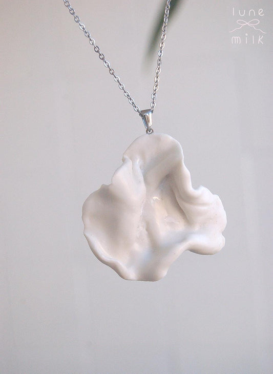 Limoges porcelain white satin milky organic irregular bony petal shape necklace, chunky handmade porcelain ceramic