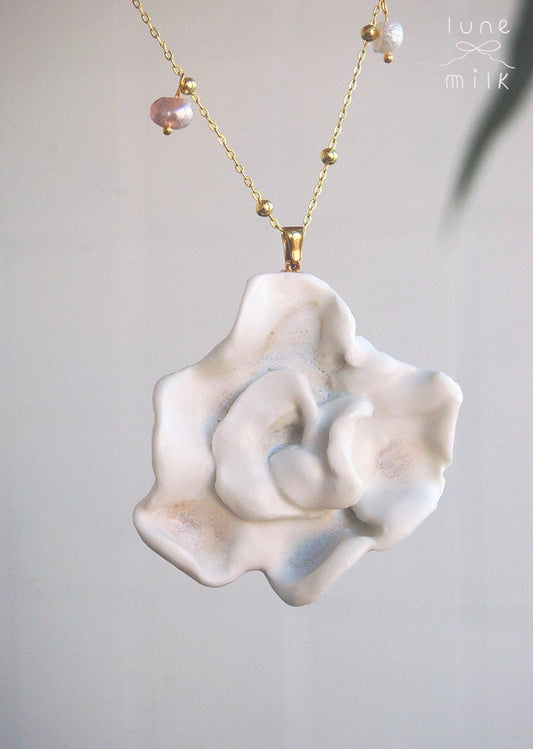 Limoges porcelain white satin milky organic irregular bony petal shape necklace, chunky handmade porcelain ceramic