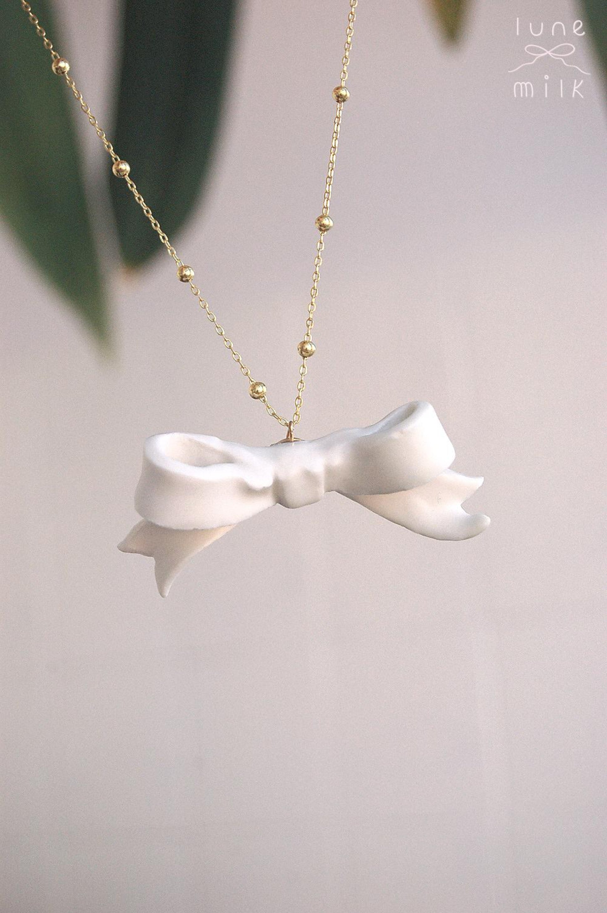 Limoges porcelain white satin milky ribbon bow necklace, handmade porcelain ceramic