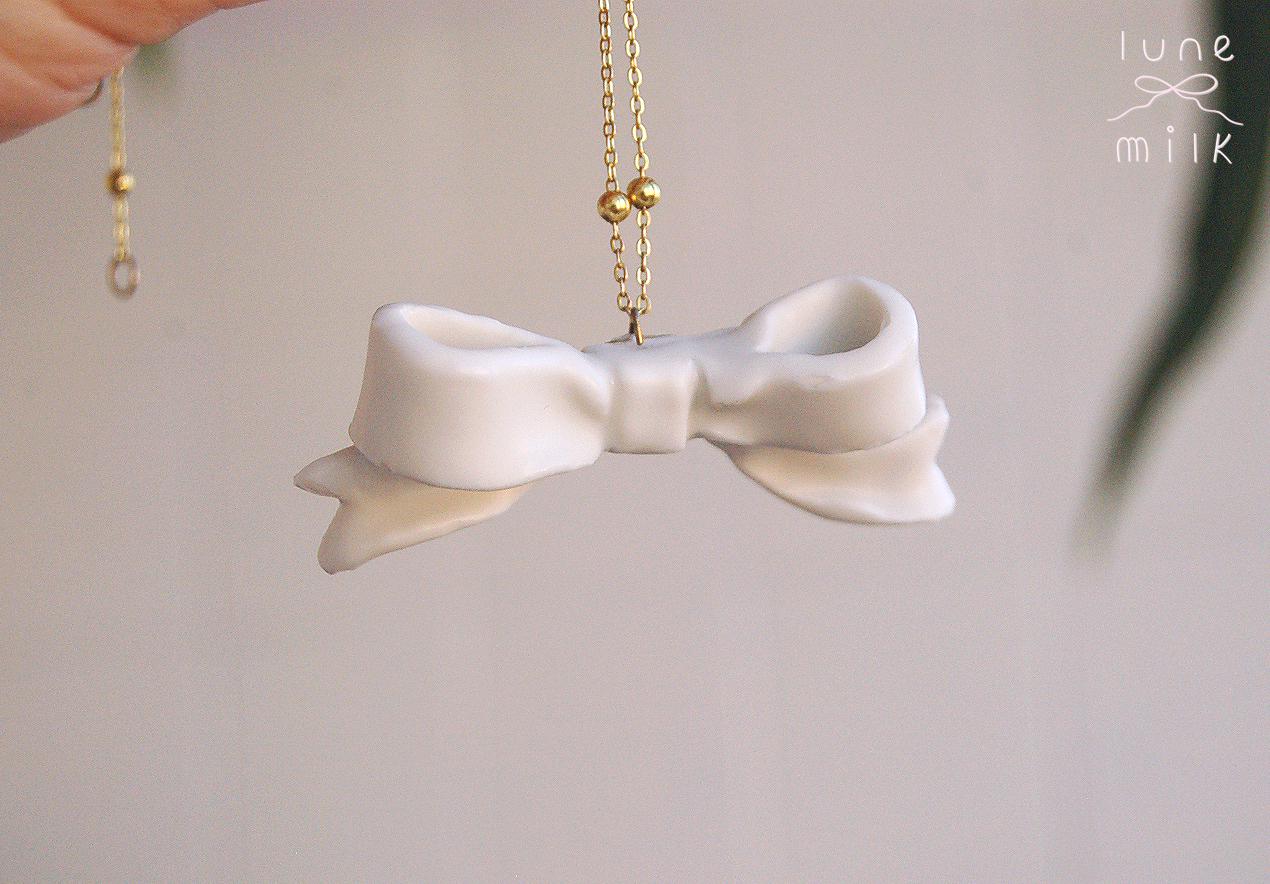 Limoges porcelain white satin milky ribbon bow necklace, handmade porcelain ceramic