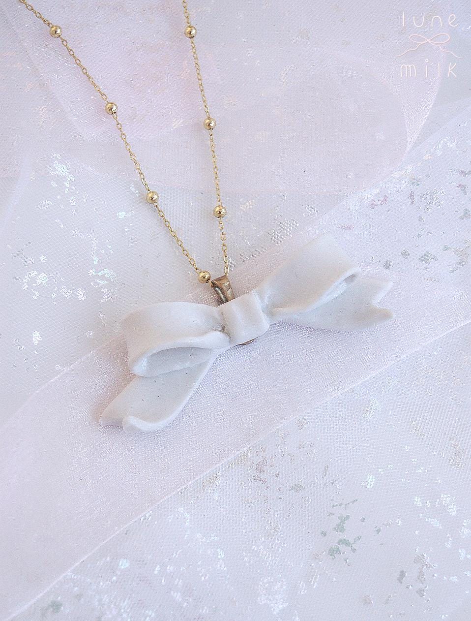 Limoges porcelain white satin milky ribbon bow necklace, handmade porcelain ceramic