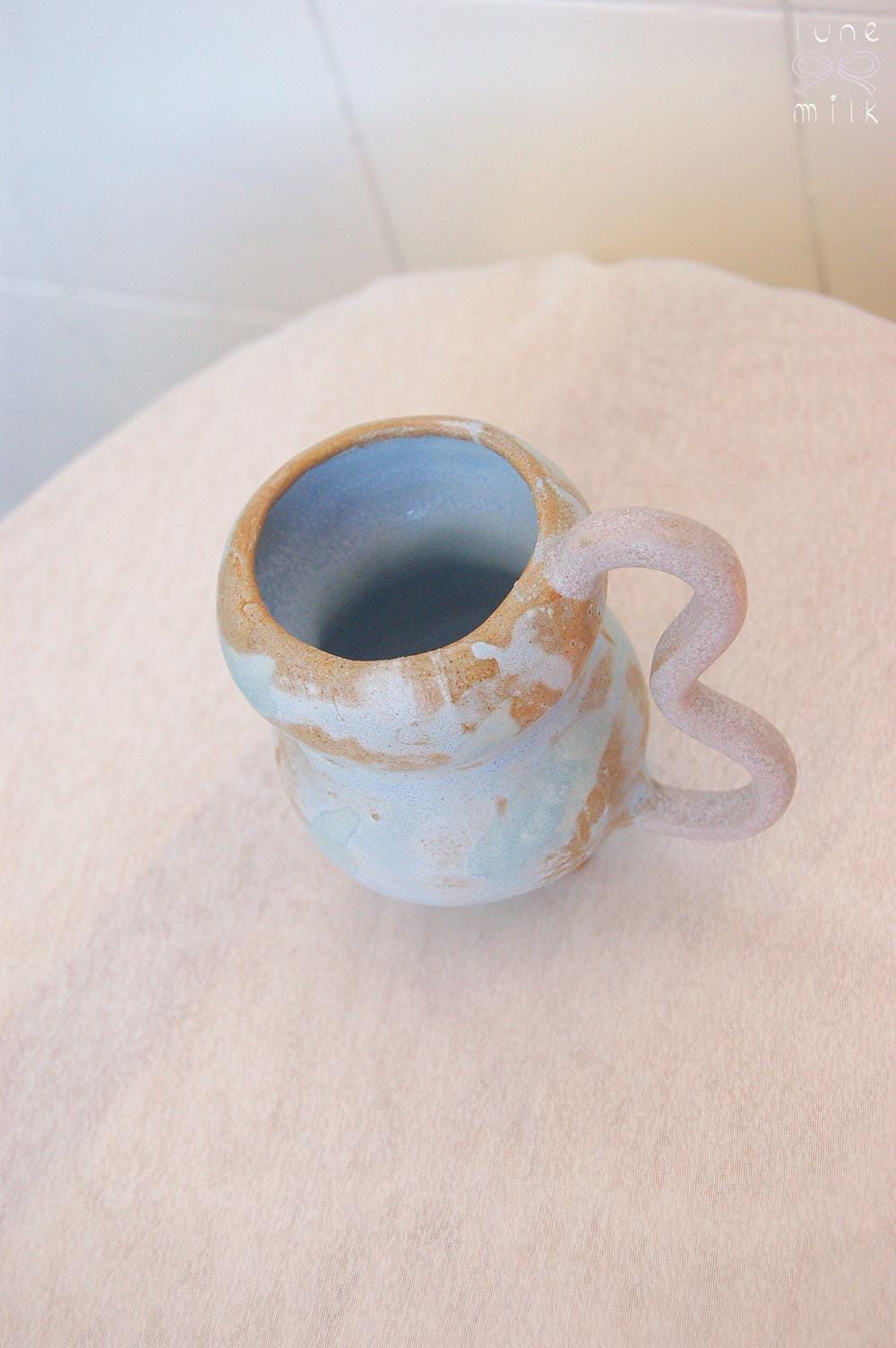 Mug cappuccino organic natural stoneware pastel turquoise and camel brown, handmade wheel thrown with matte and glossy milky glaze