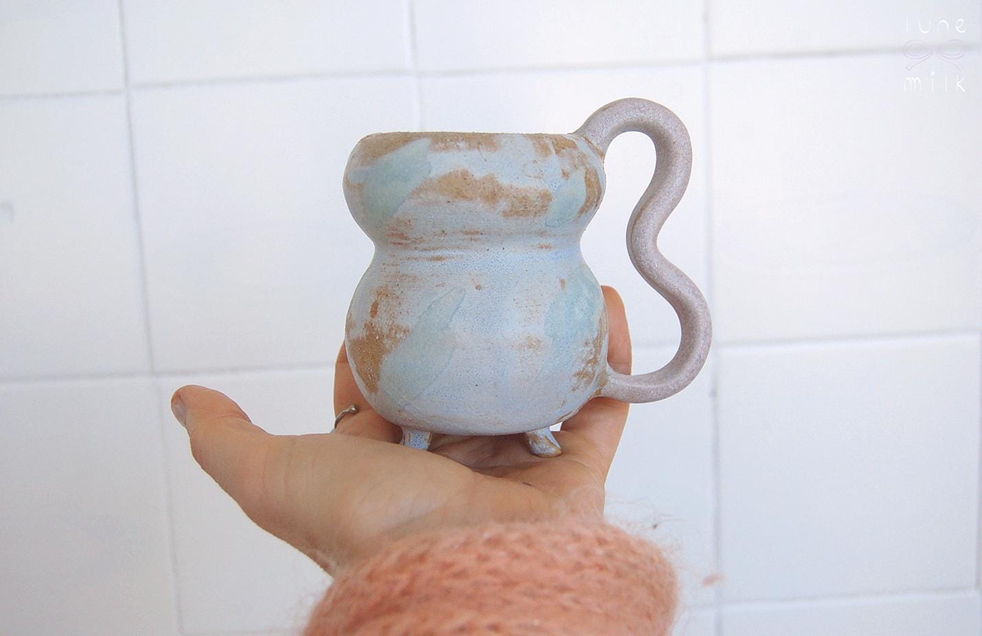 Mug cappuccino organic natural stoneware pastel turquoise and camel brown, handmade wheel thrown with matte and glossy milky glaze