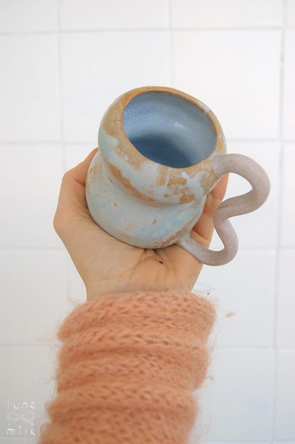 Mug cappuccino organic natural stoneware pastel turquoise and camel brown, handmade wheel thrown with matte and glossy milky glaze