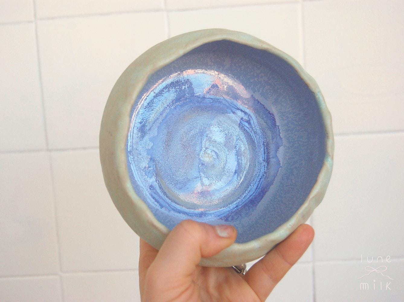 Organic irregular ceramic bowl natural grogged stoneware indigo variegated glossy blue and matte glazes, handmade high temperature