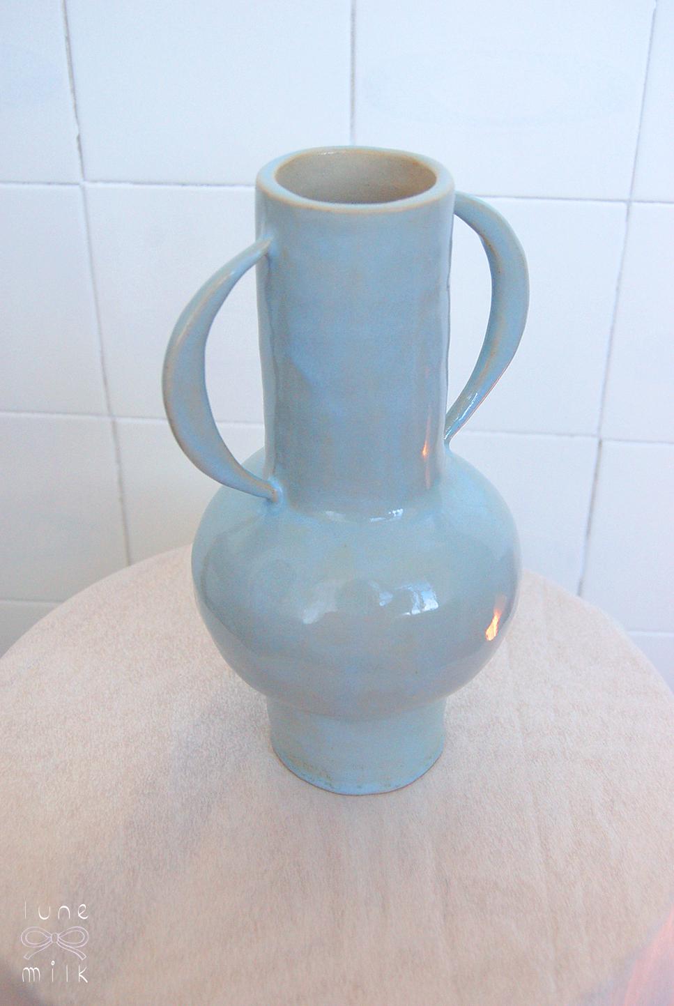 Organic winged ceramic vase natural stoneware glossy pastel blue glaze with semi-circular handles, handmade high temperature