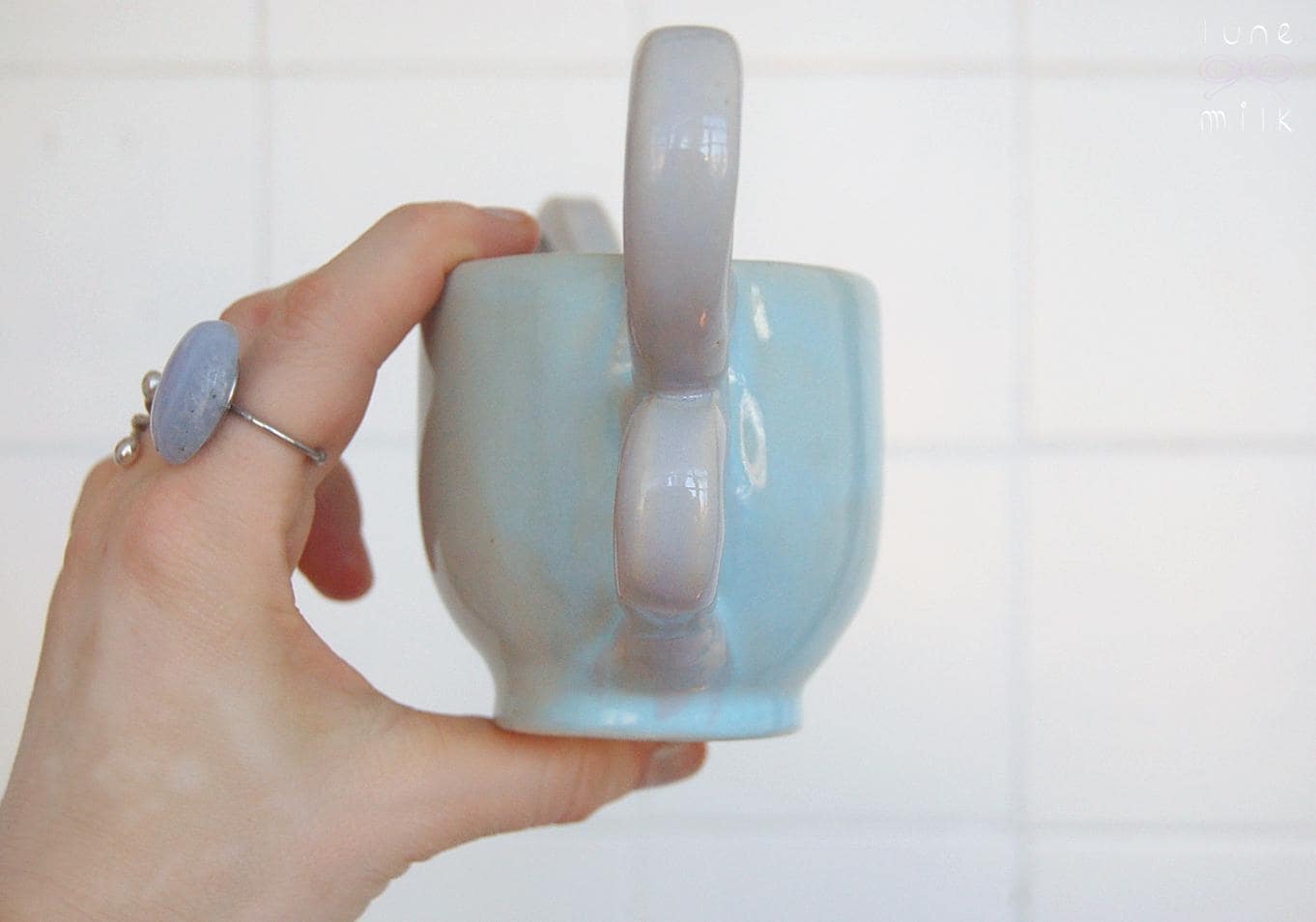 Mug cappuccino organic natural winged stoneware pastel blue and lilac, handmade wheel thrown with glossy glazes