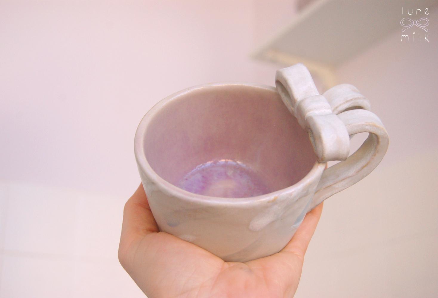 Mug cappuccino organic natural bow stoneware lilac, milky grey, pastel colors, handmade wheel thrown with glossy glazes