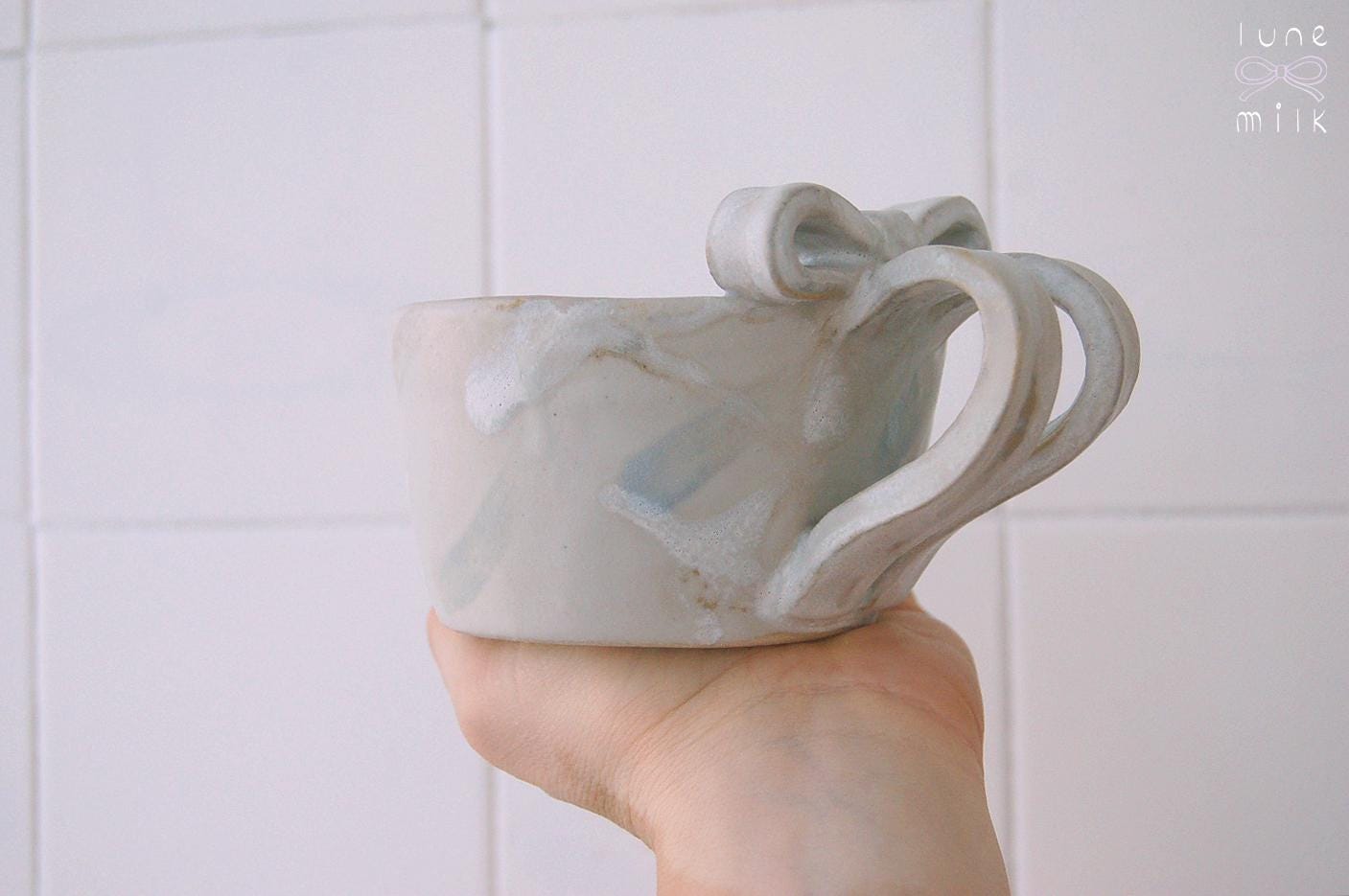 Mug cappuccino organic natural bow stoneware lilac, milky grey, pastel colors, handmade wheel thrown with glossy glazes