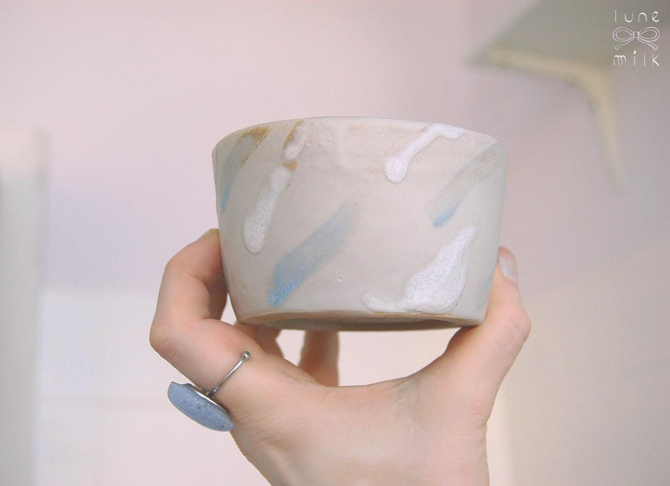 Mug cappuccino organic natural bow stoneware lilac, milky grey, pastel colors, handmade wheel thrown with glossy glazes