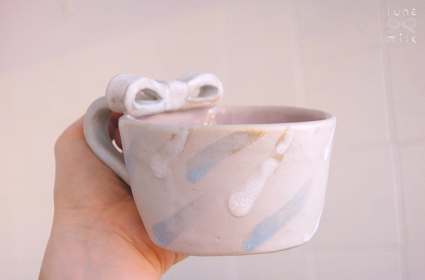 Mug cappuccino organic natural bow stoneware lilac, milky grey, pastel colors, handmade wheel thrown with glossy glazes