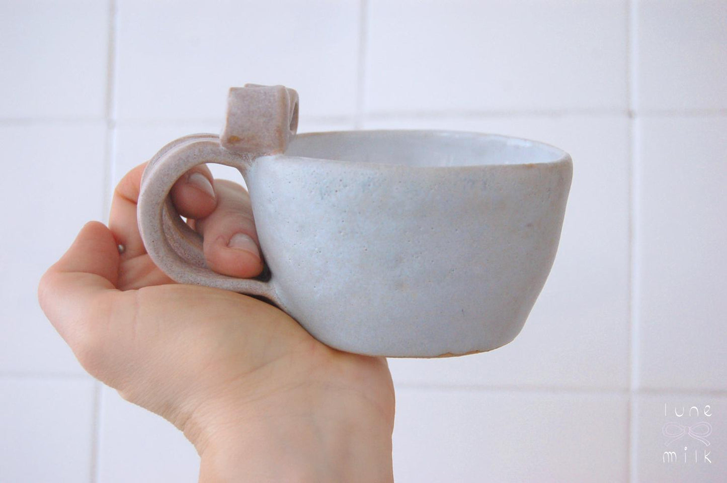 Mug cappuccino organic natural bow stoneware grey blue with pink bow handles, handmade wheel thrown with glossy glazes