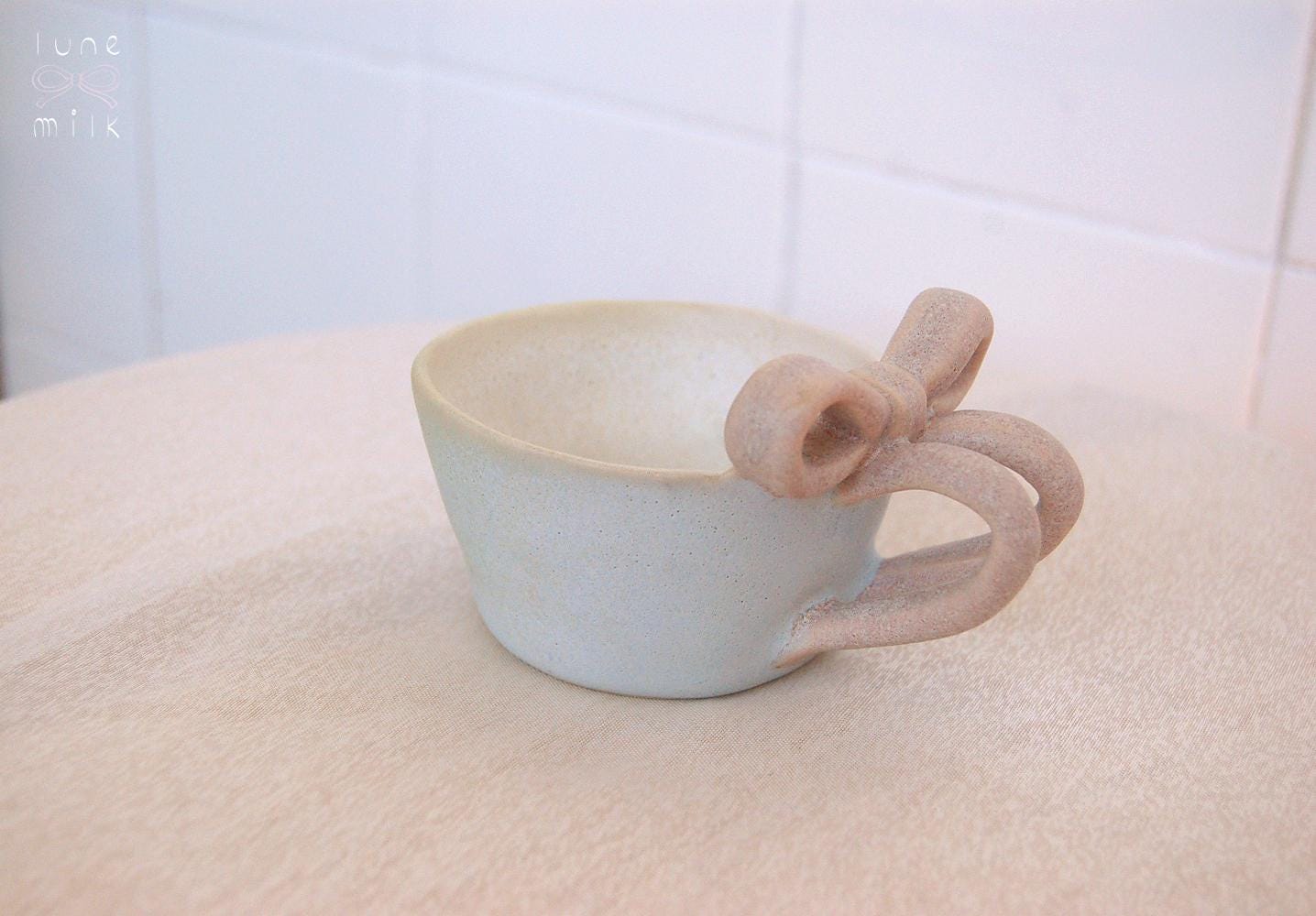 Mug coffee cappuccino organic natural bow porcelain stoneware light blue with pink bow handles, pastel glossy glazes, S size