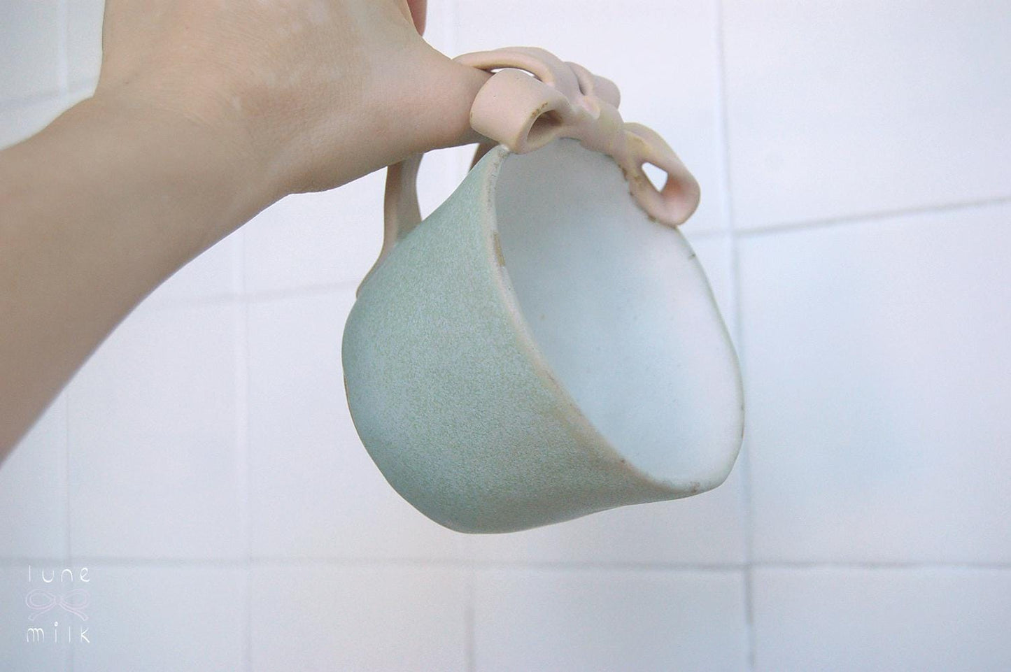 Mug tea and cappuccino organic natural bow stoneware light turquoise with pink bow handles, pastel matte glazes, L size