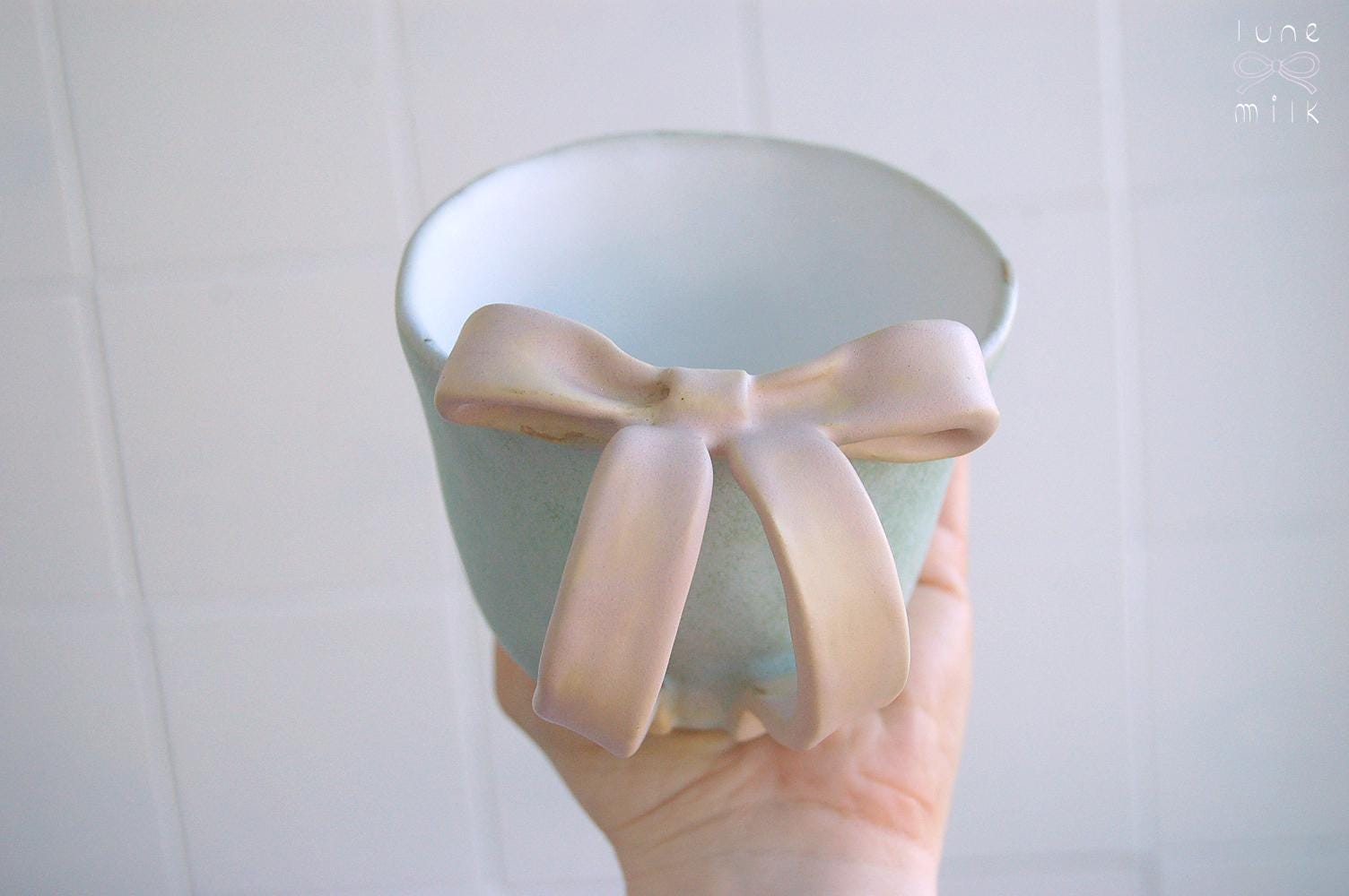 Mug tea and cappuccino organic natural bow stoneware light turquoise with pink bow handles, pastel matte glazes, L size