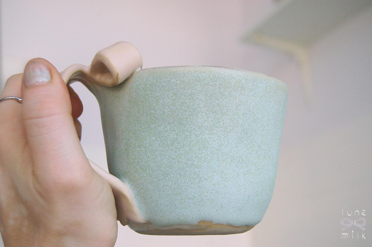 Mug tea and cappuccino organic natural bow stoneware light turquoise with pink bow handles, pastel matte glazes, L size