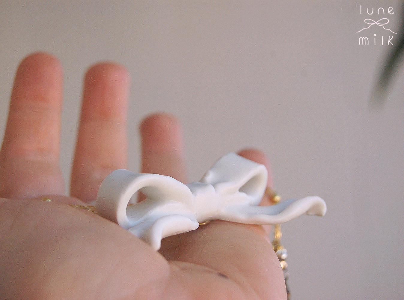 Limoges porcelain white satin milky ribbon bow necklace, handmade porcelain ceramic *4