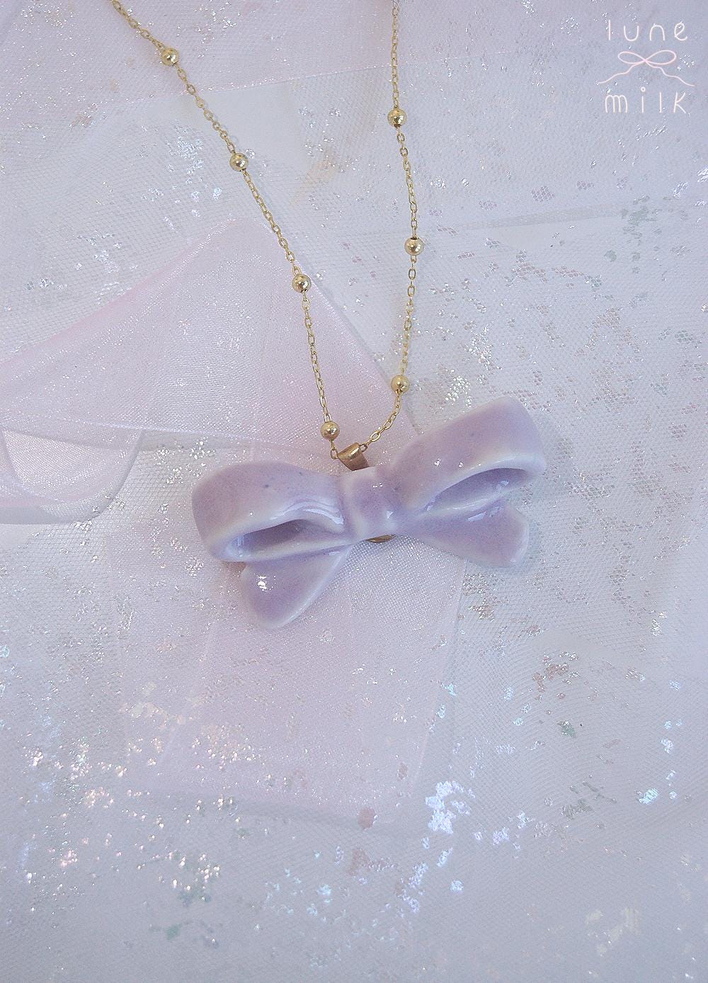 Limoges porcelain glossy lavender organic ribbon bow shape necklace, pastel handmade porcelain ceramic