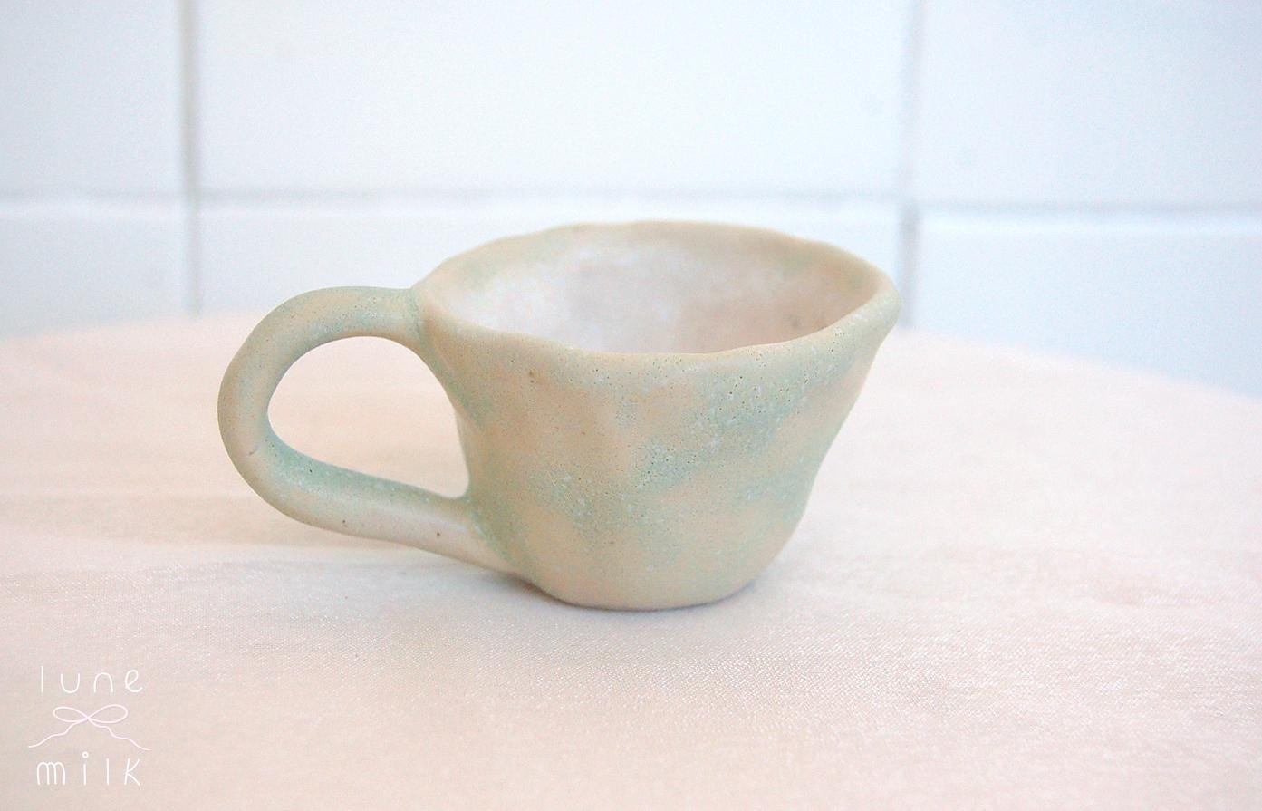 Coffee cup cappuccino organic natural stoneware cream pastel green, handmade wheel thrown with matte milky glaze