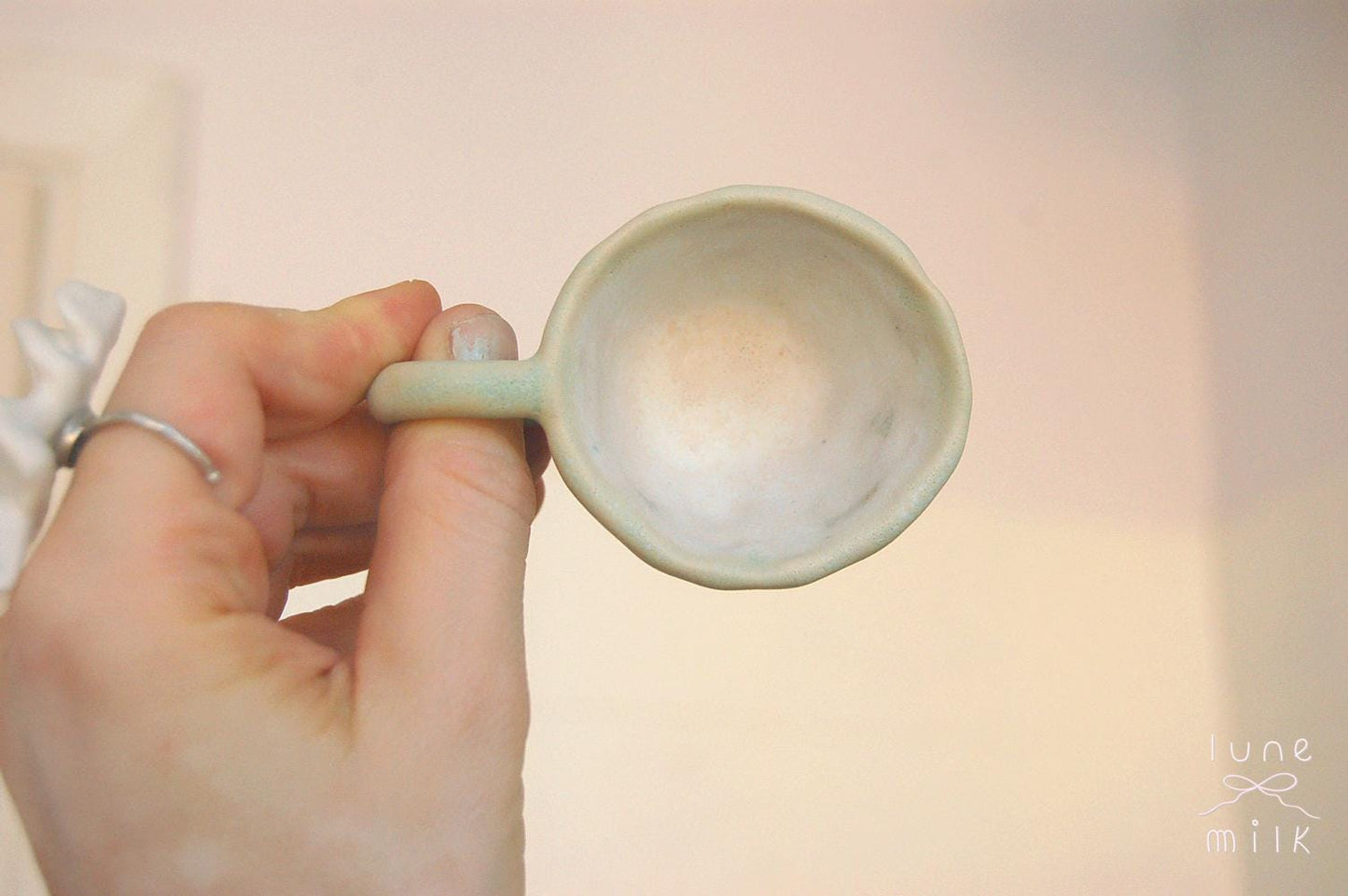 Coffee cup cappuccino organic natural stoneware cream pastel green, handmade wheel thrown with matte milky glaze