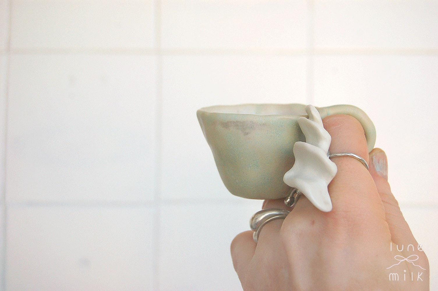 Coffee cup cappuccino organic natural stoneware cream pastel green, handmade wheel thrown with matte milky glaze