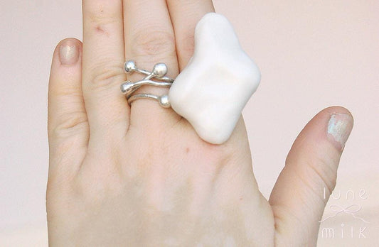 Limoges porcelain white satin milky organic ring, chunky irregular handmade shape