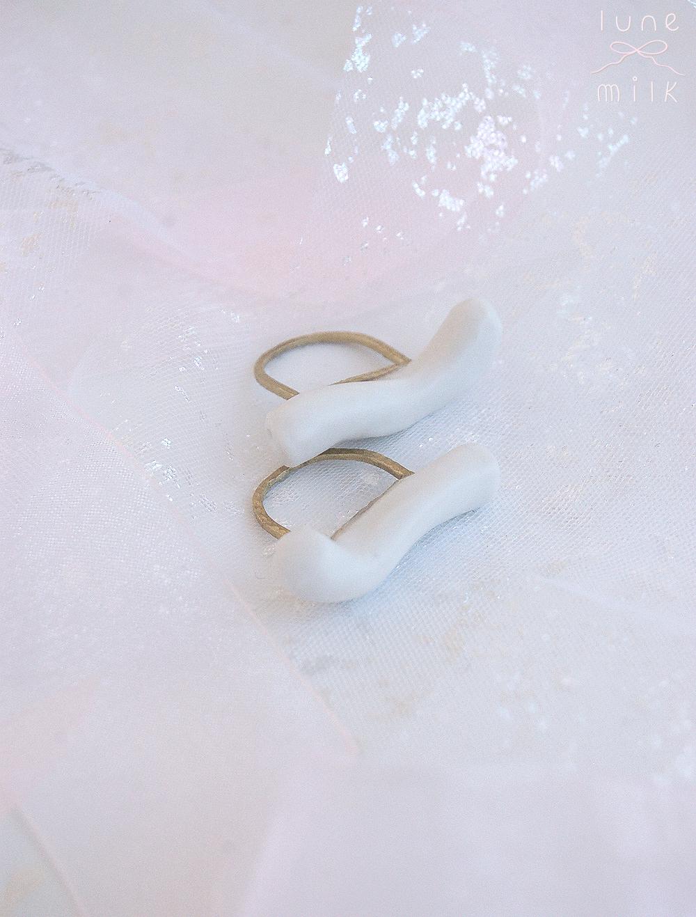 Limoges porcelain white satin milky organic double ring set, chunky irregular handmade shape