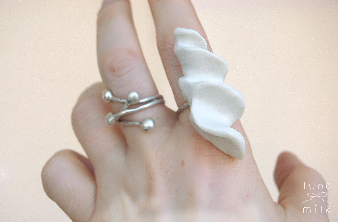 Limoges porcelain white satin milky organic double ring set, chunky irregular handmade shape