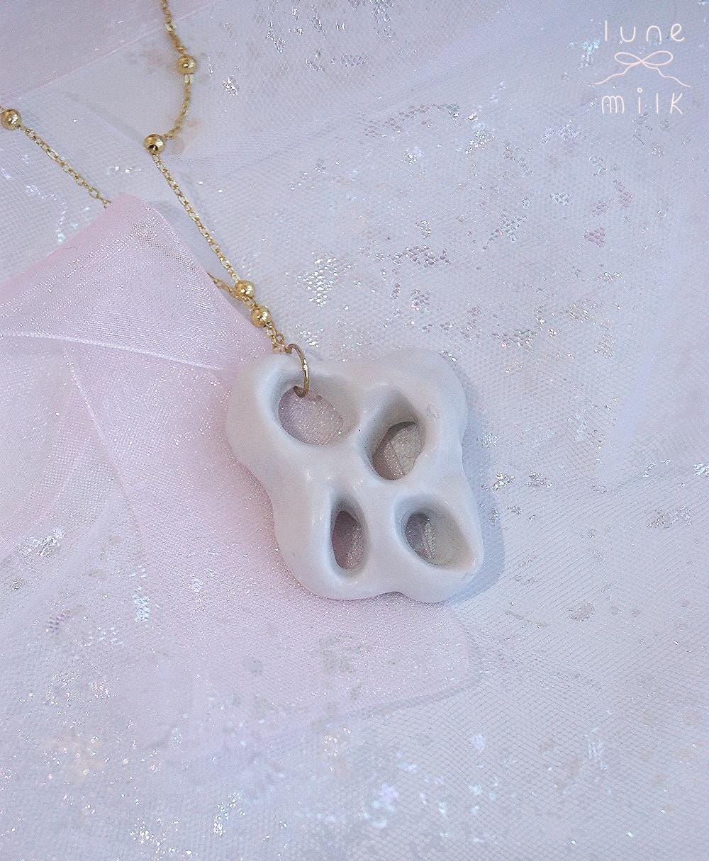 Limoges porcelain white satin milky organic irregular stone holes shape necklace, chunky handmade porcelain ceramic