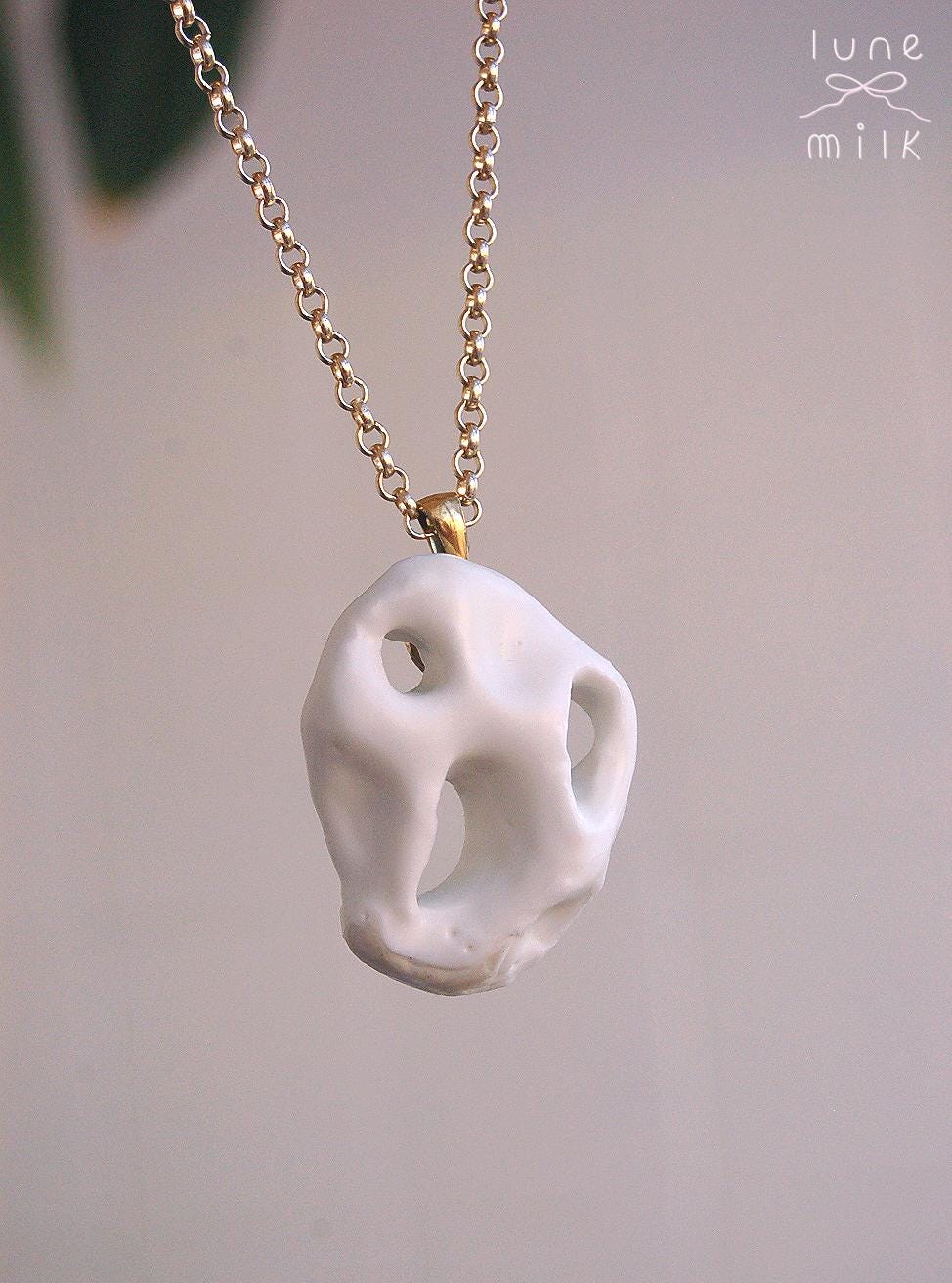 Limoges porcelain white satin milky organic irregular stone holes shape necklace, chunky handmade porcelain ceramic