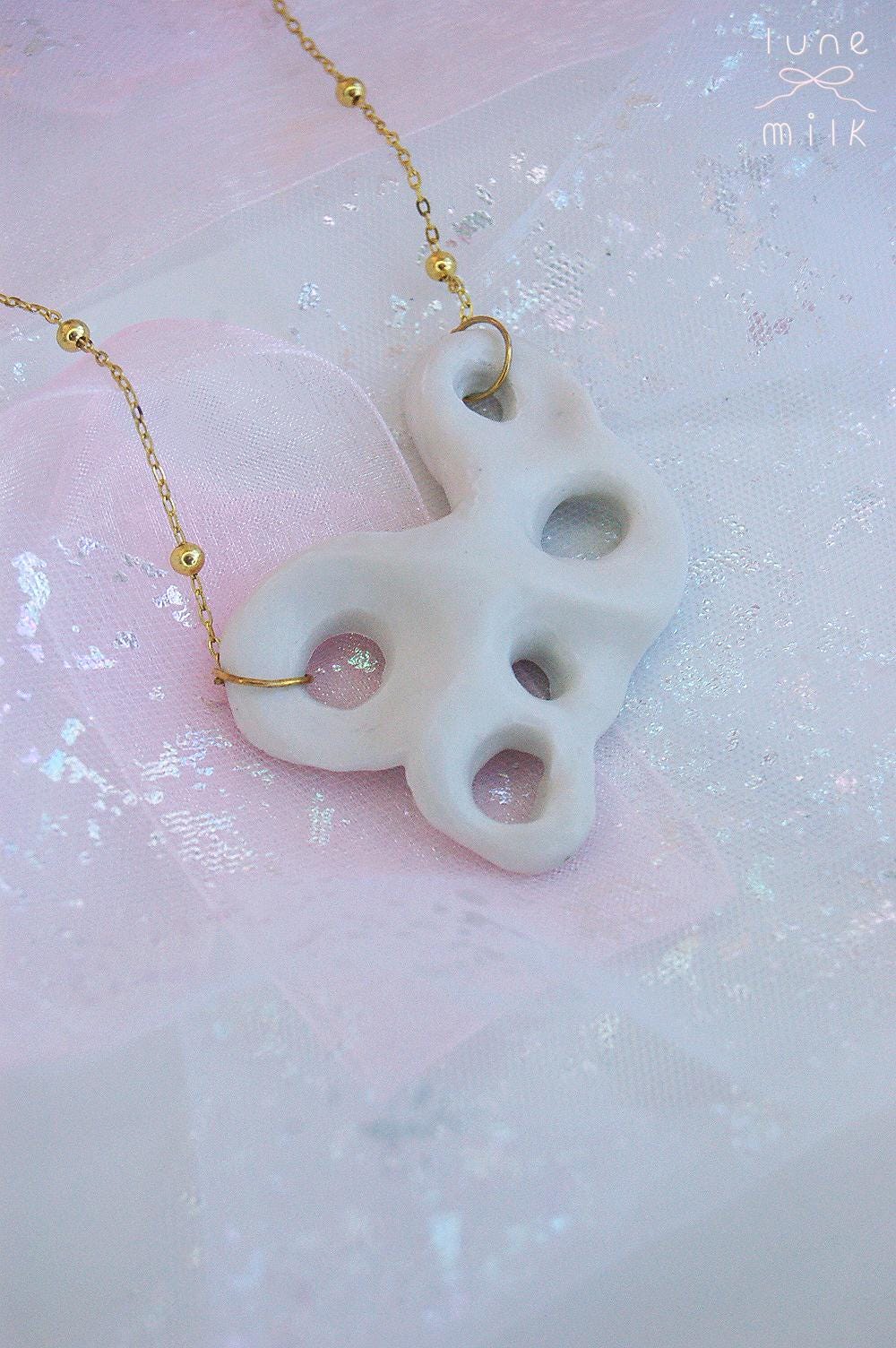 Limoges porcelain white satin milky organic irregular stone holes shape necklace, chunky handmade porcelain ceramic