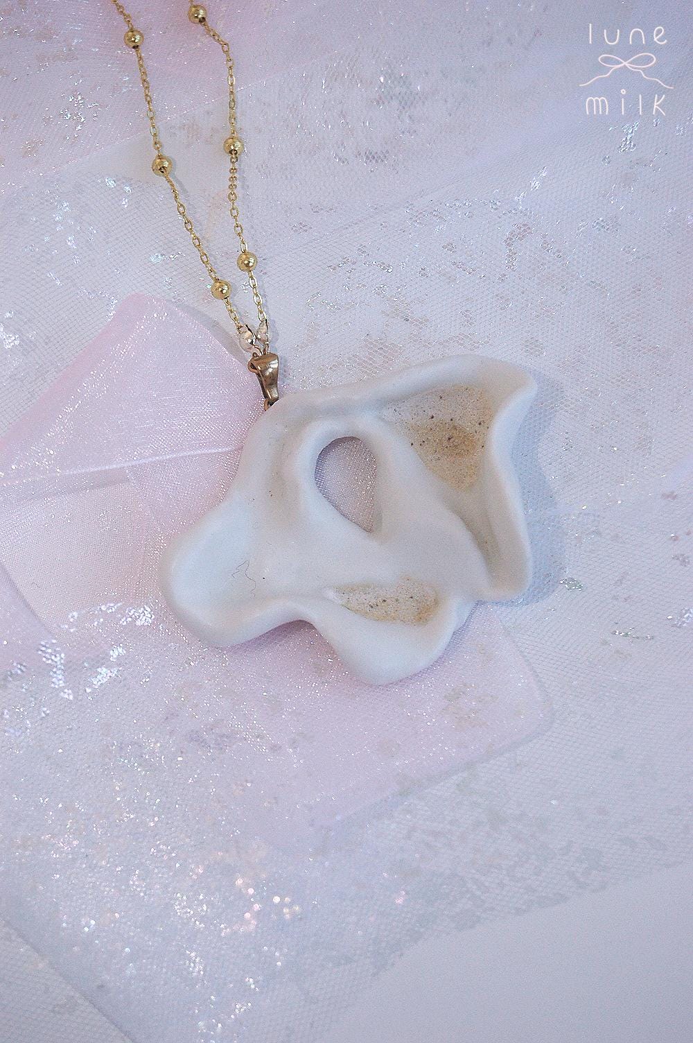 Limoges porcelain white satin milky organic irregular stone holes shape necklace, chunky handmade porcelain ceramic