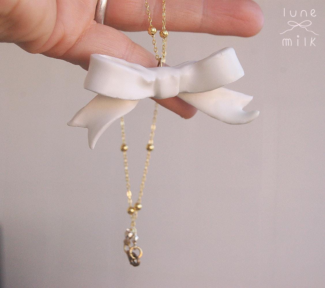 Limoges porcelain white satin milky ribbon bow necklace, handmade porcelain ceramic