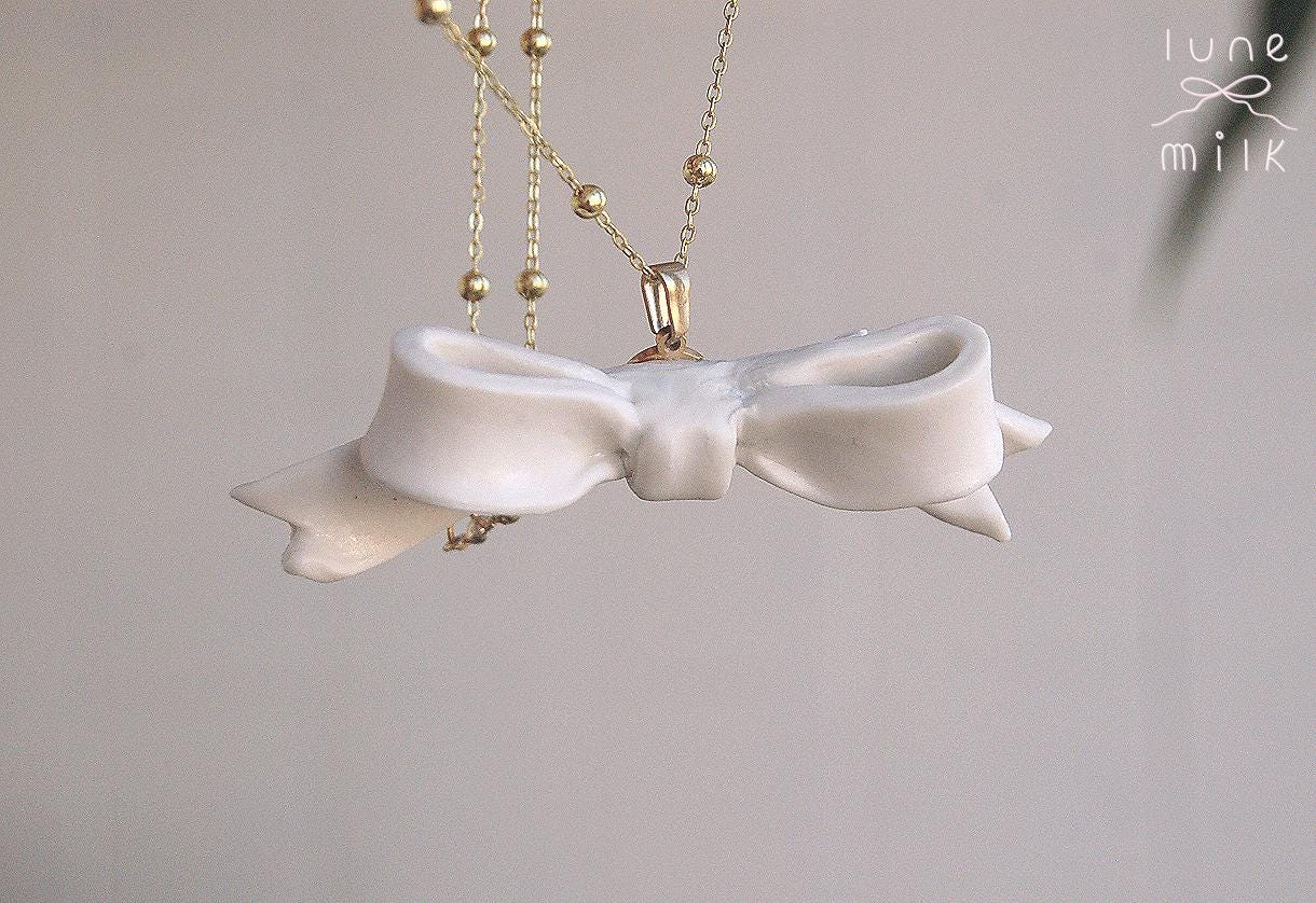 Limoges porcelain white satin milky ribbon bow necklace, handmade porcelain ceramic