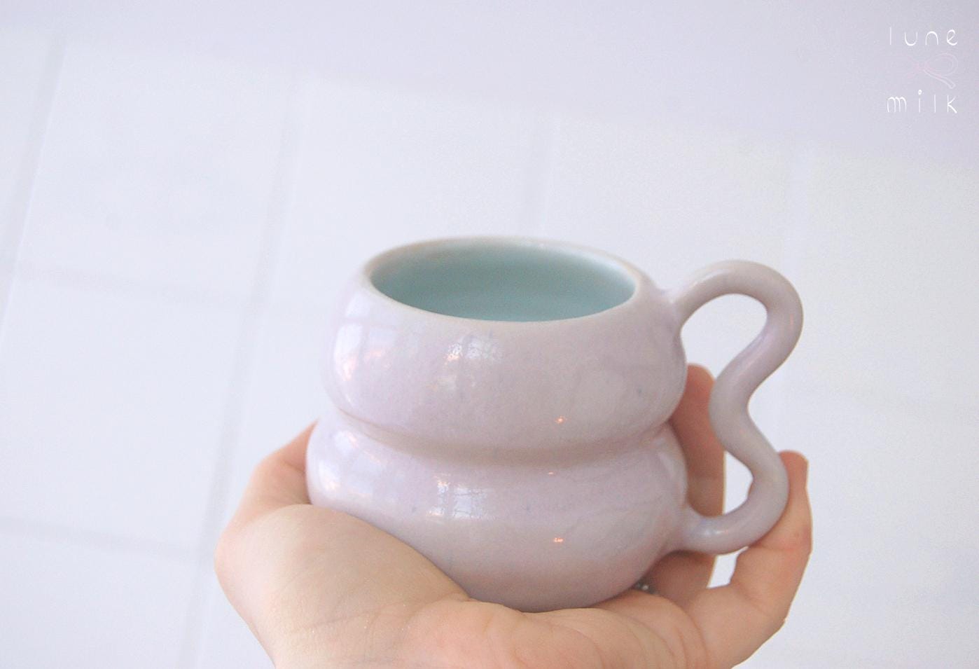 Mug cappuccino organic natural stoneware pastel pink and turquoise, handmade wheel thrown with glossy glazes