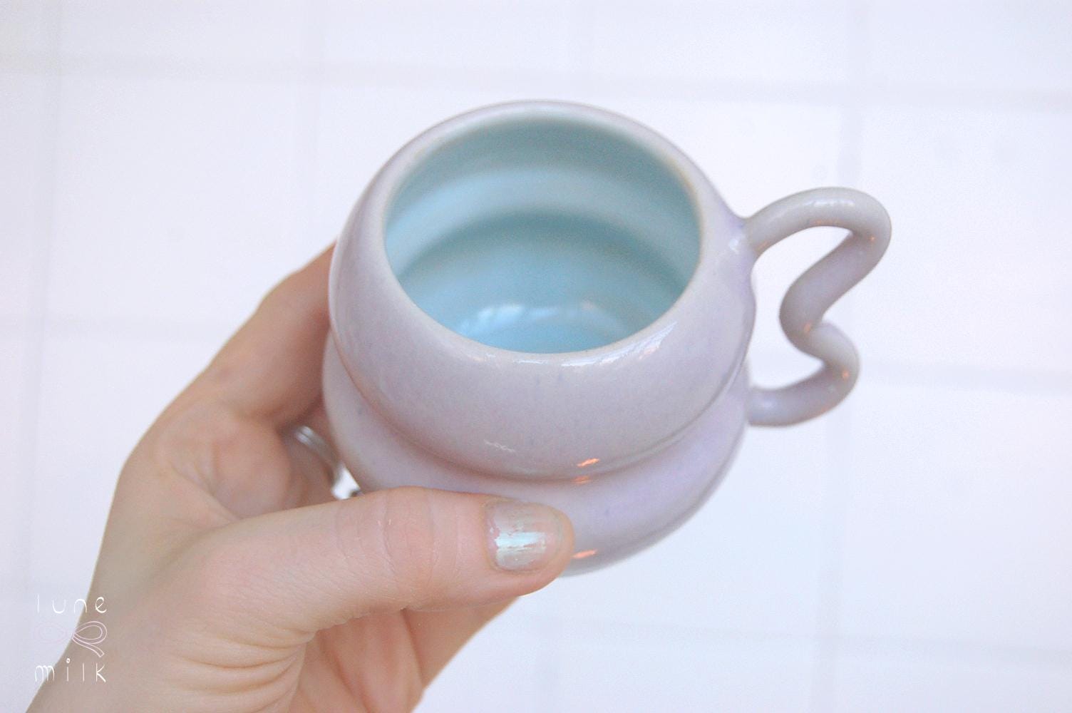 Mug cappuccino organic natural stoneware pastel pink and turquoise, handmade wheel thrown with glossy glazes