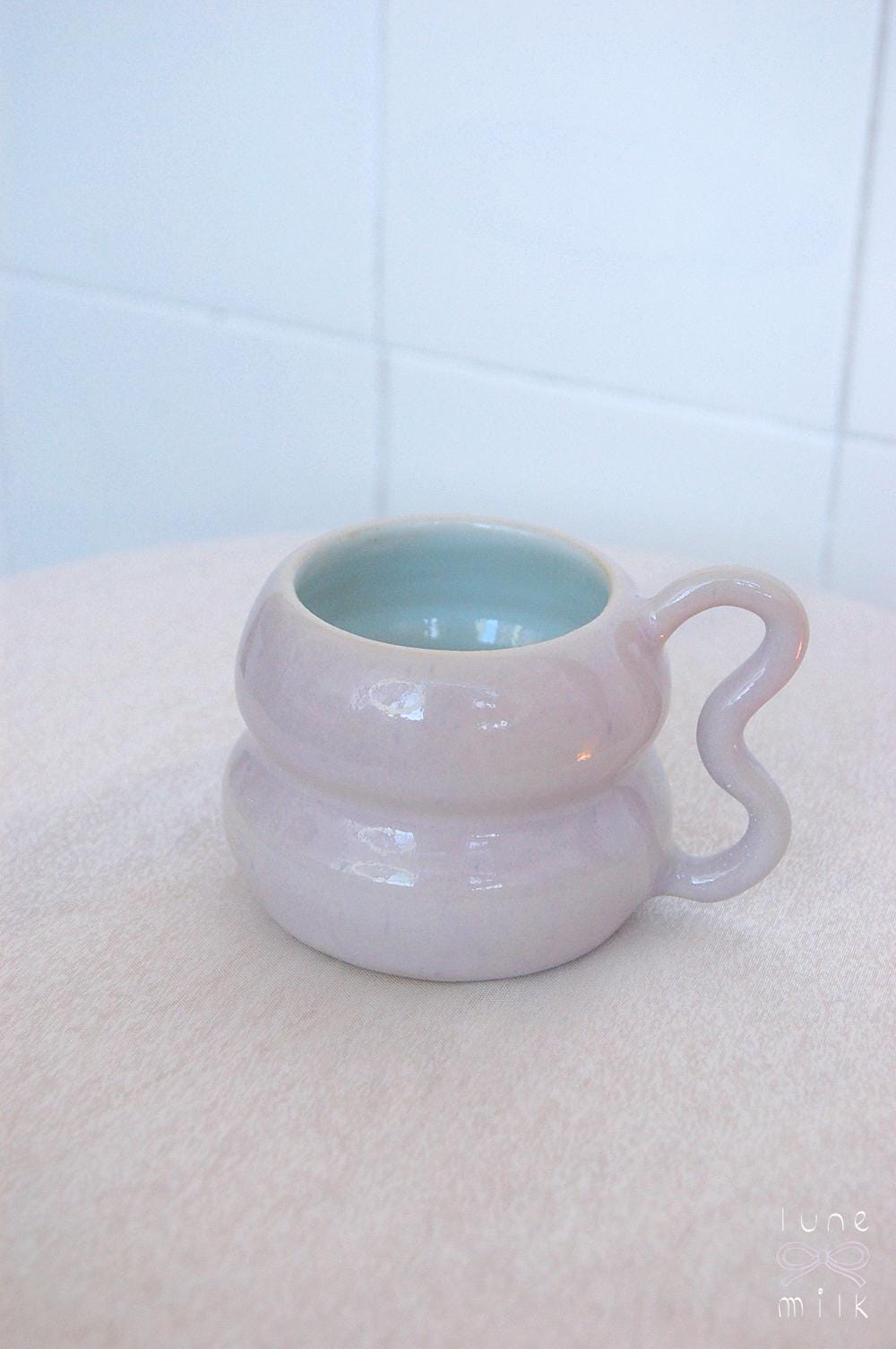 Mug cappuccino organic natural stoneware pastel pink and turquoise, handmade wheel thrown with glossy glazes