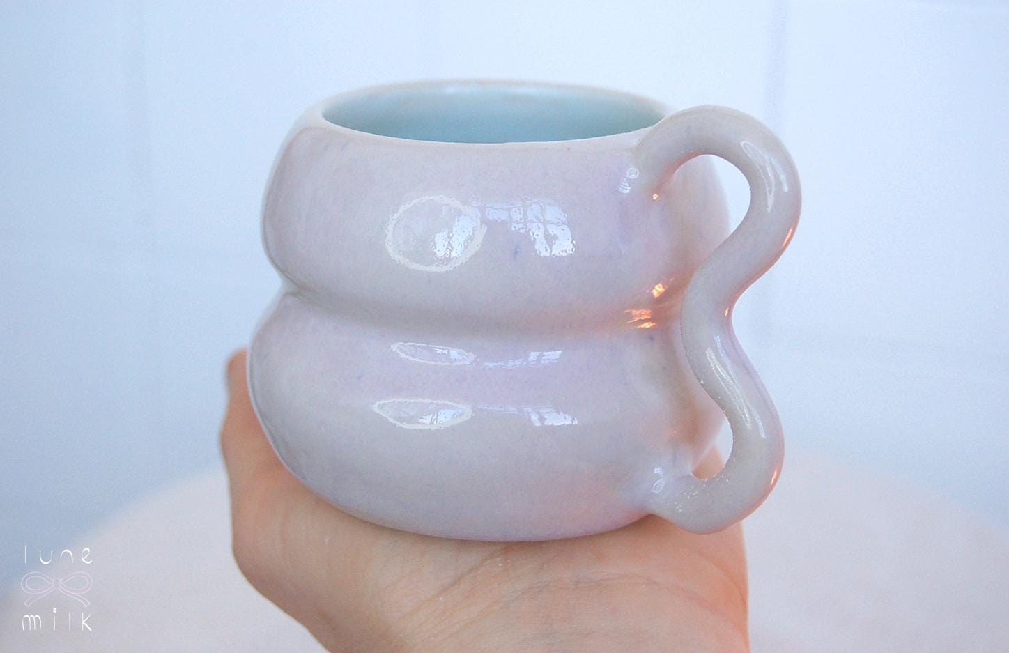 Mug cappuccino organic natural stoneware pastel pink and turquoise, handmade wheel thrown with glossy glazes